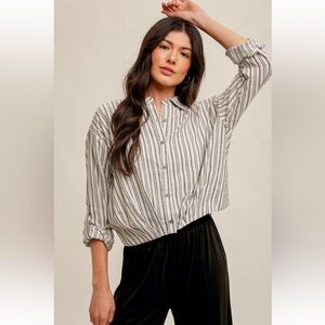 Pleated Hem Stripe Button Down Shirt